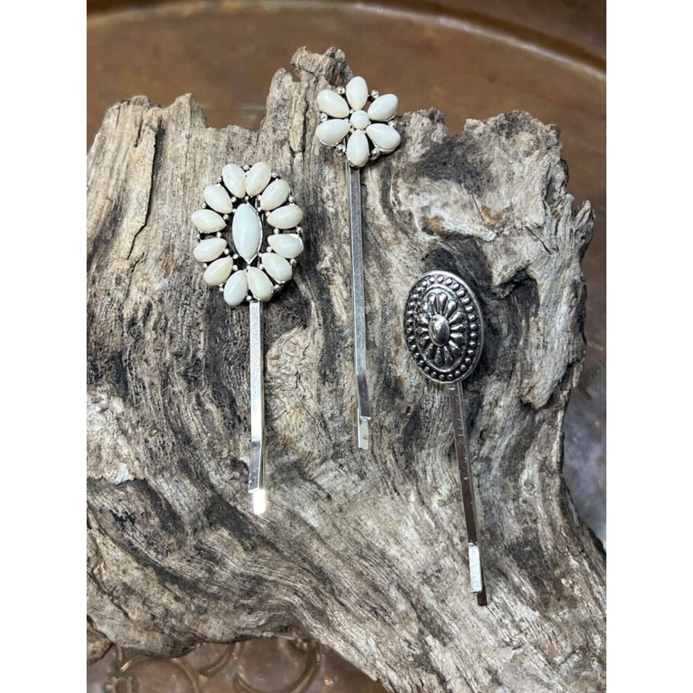 Set of 3 Silver Southwest Western Hair pins Clips Turquoise Arrow White Buffalo